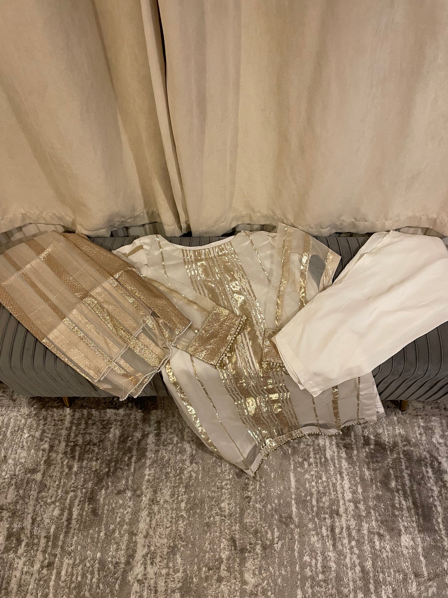 White and gold organza suit