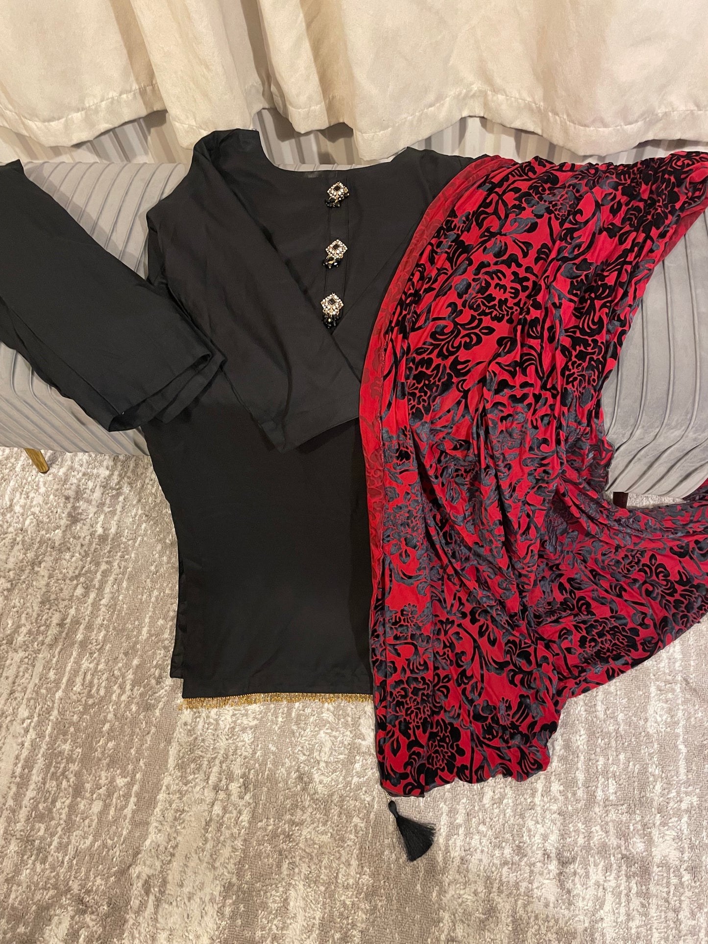 Black Marina suit with black and red palachi shawl
