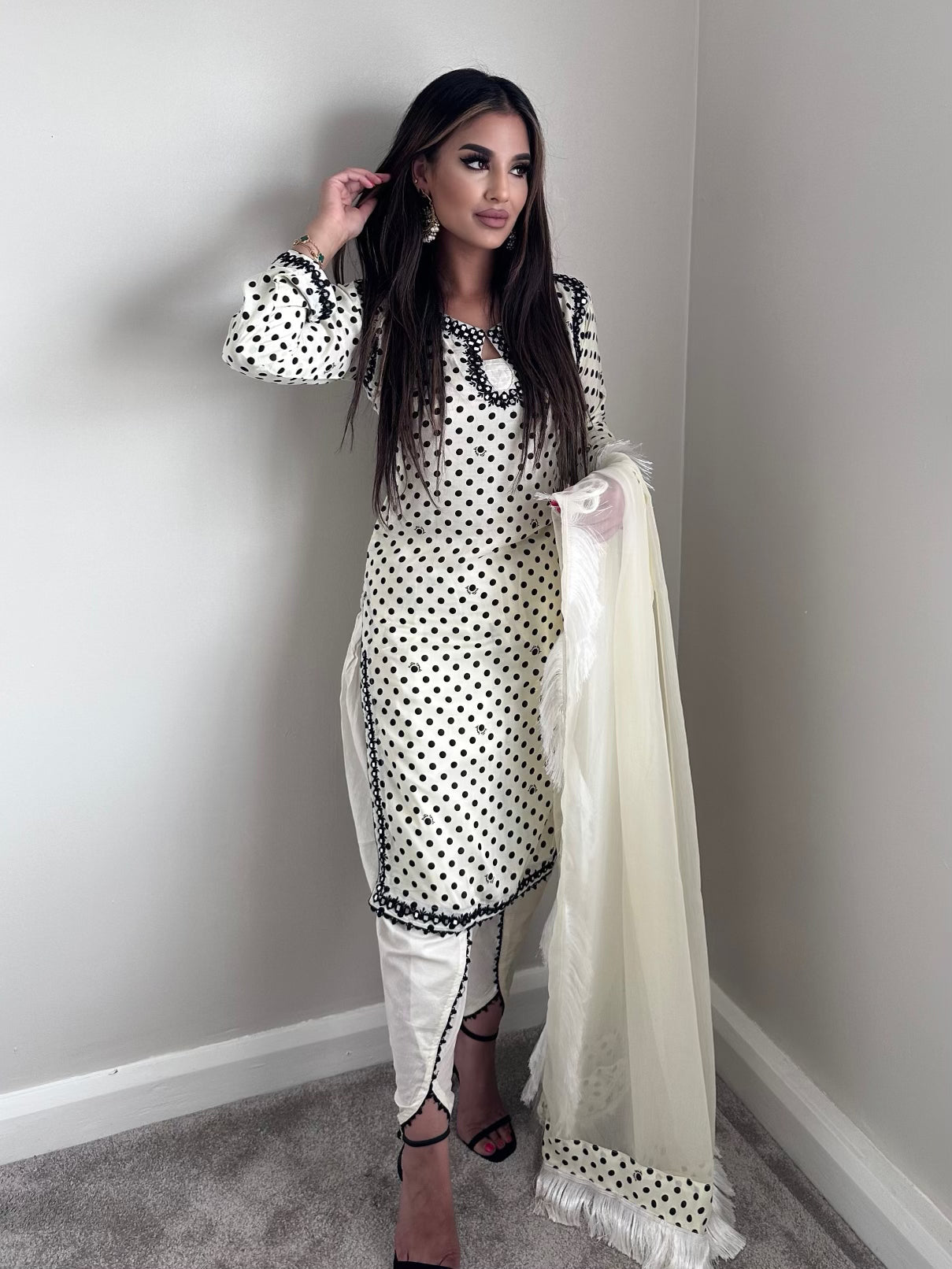 Cream and black polka dot
