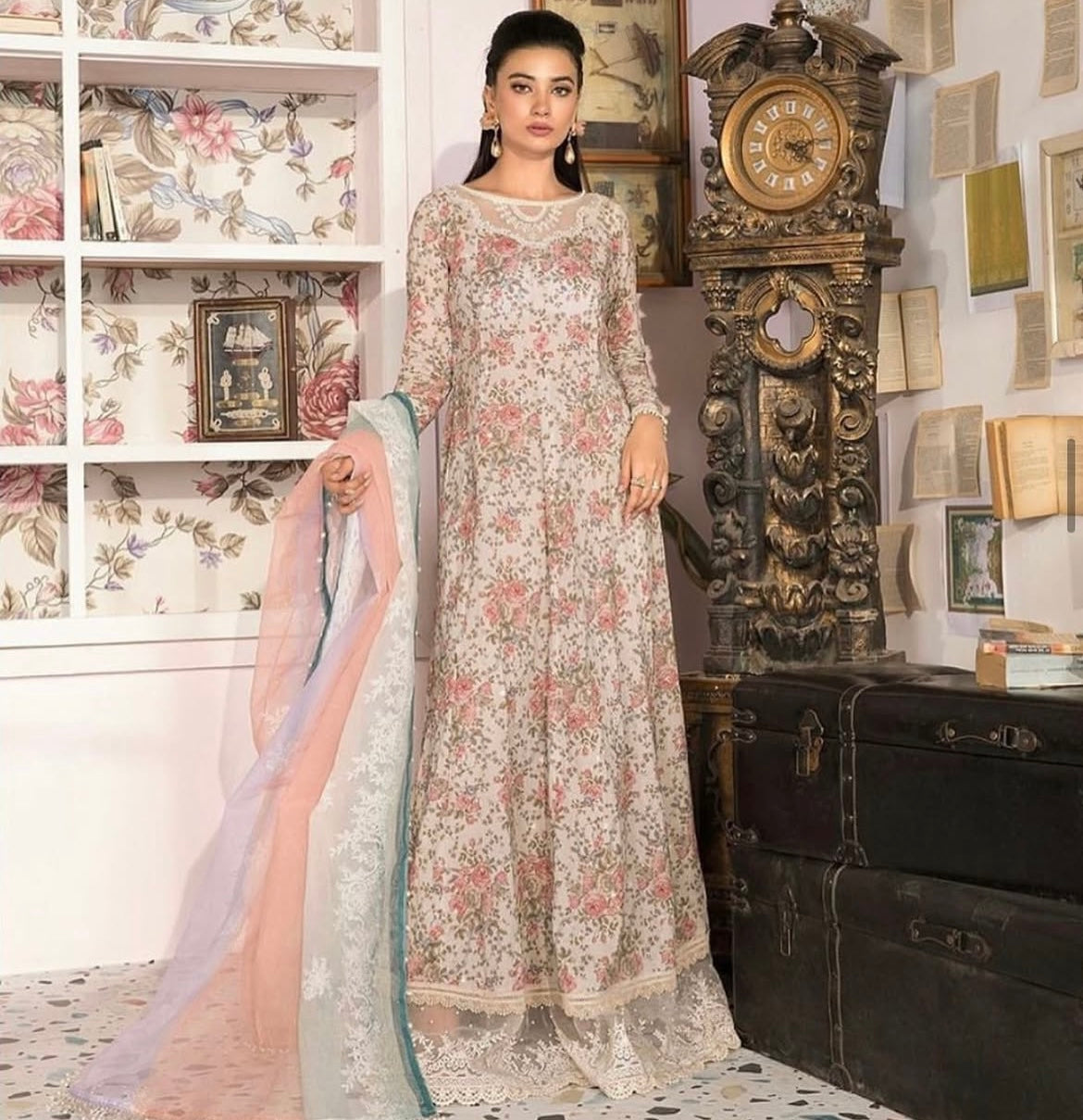 Floral beige lawn and chiffon Maria B Inspired