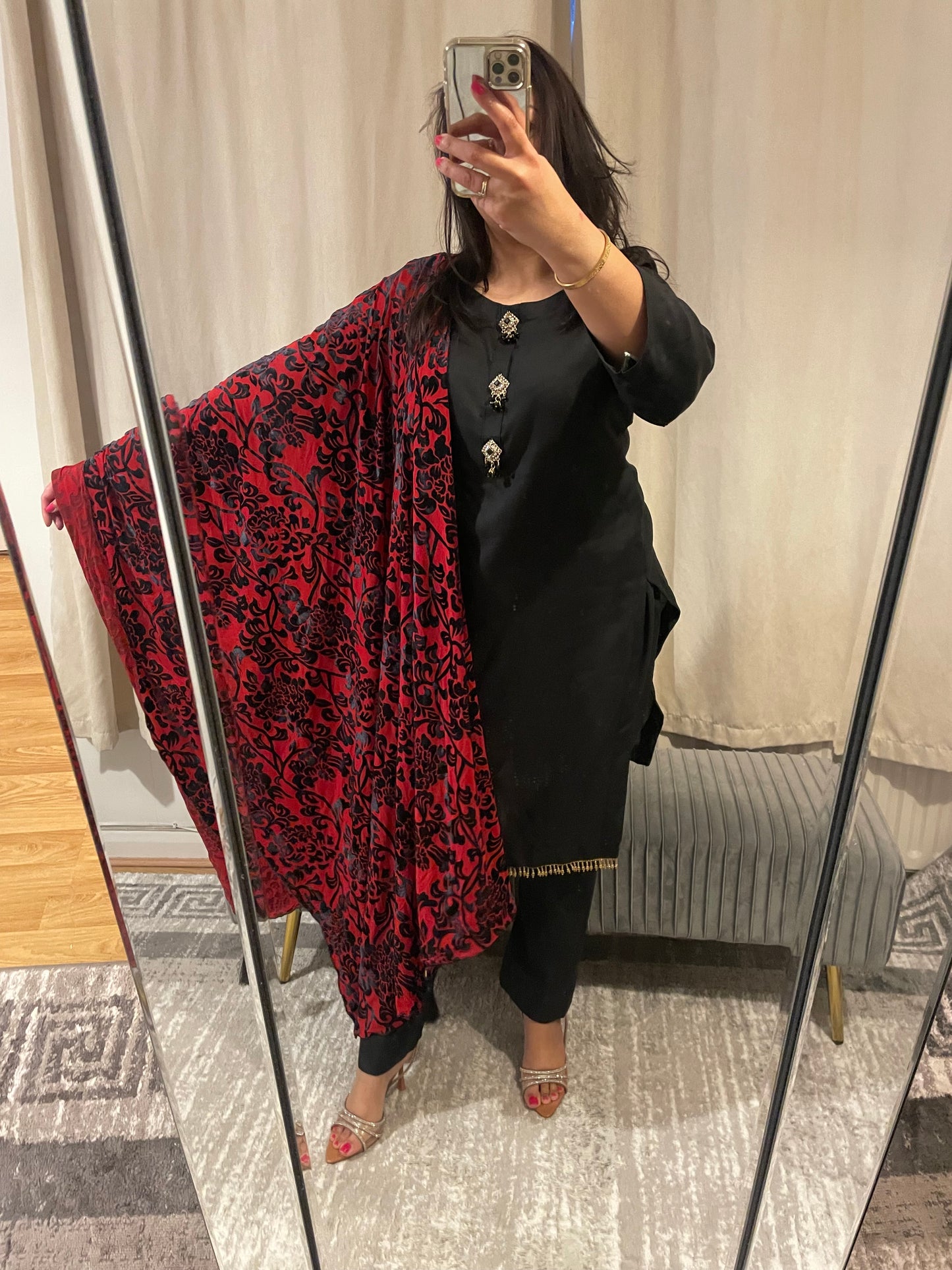 Black Marina suit with black and red palachi shawl