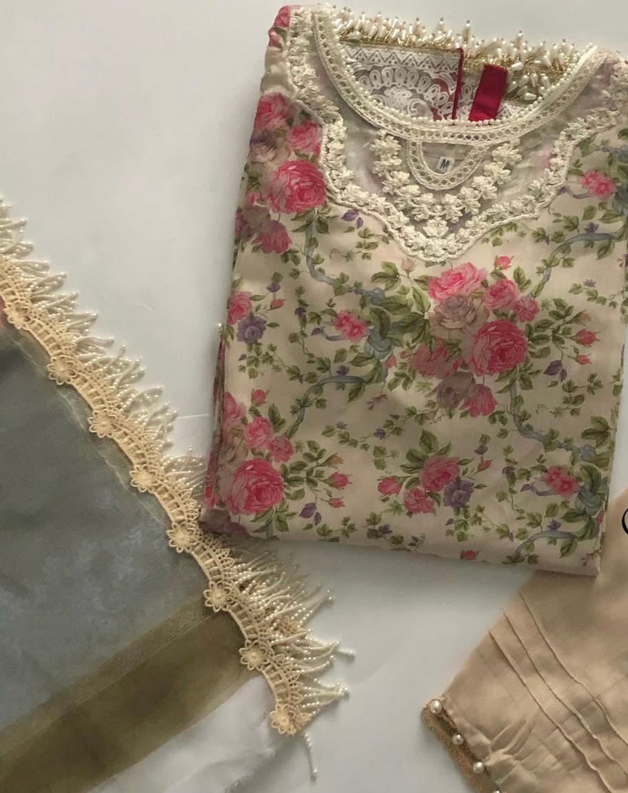 Floral beige lawn and chiffon Maria B Inspired