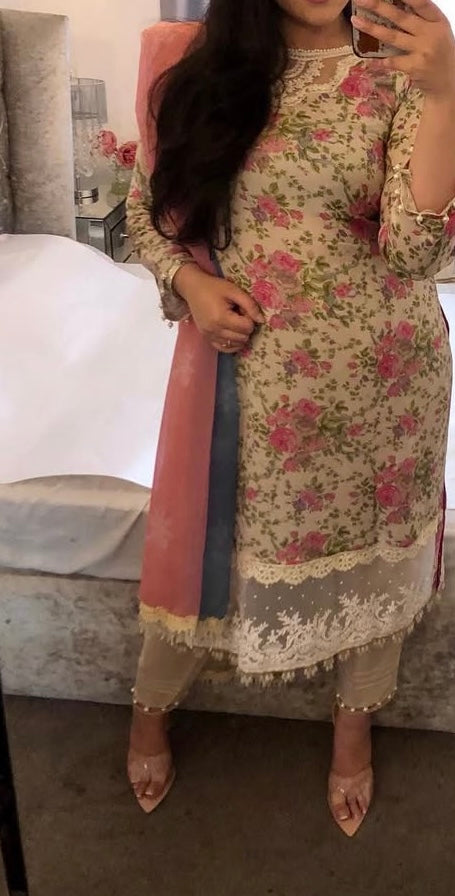 Floral beige lawn and chiffon Maria B Inspired