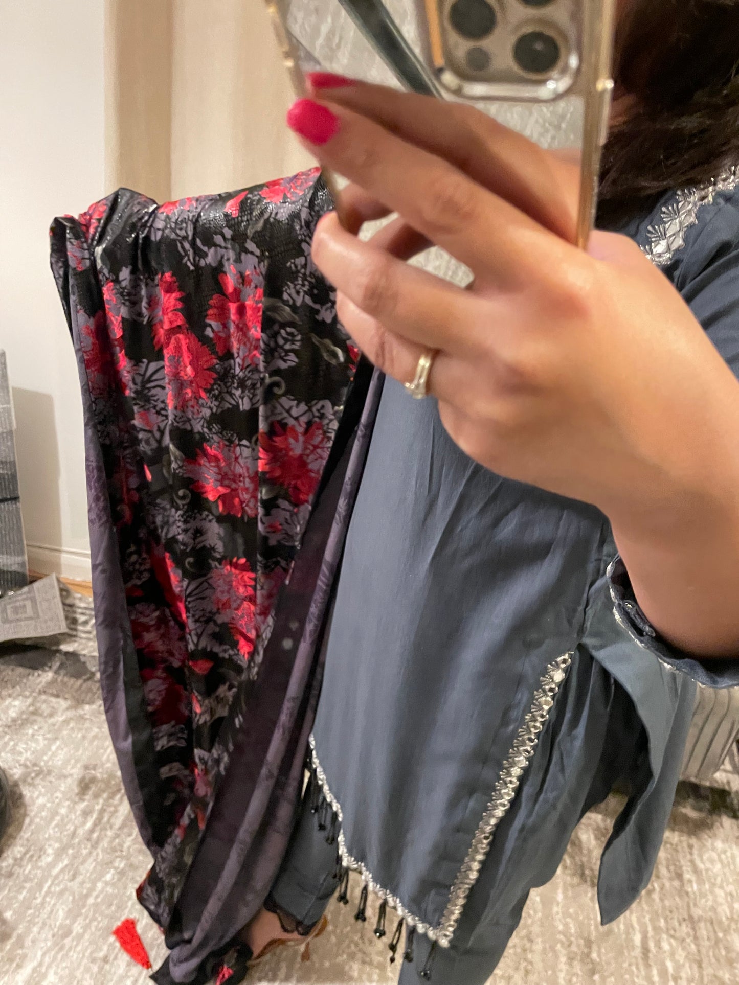Grey marina suit with black, red and grey palachi shawl